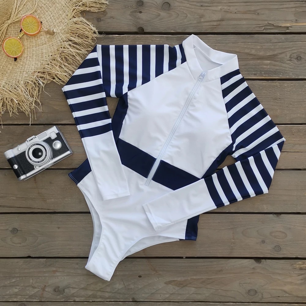 Sporty White and Navy Blue Striped Zip-Up Long Sleeve Rash Guard Swimsuit - Picture 5 of 16